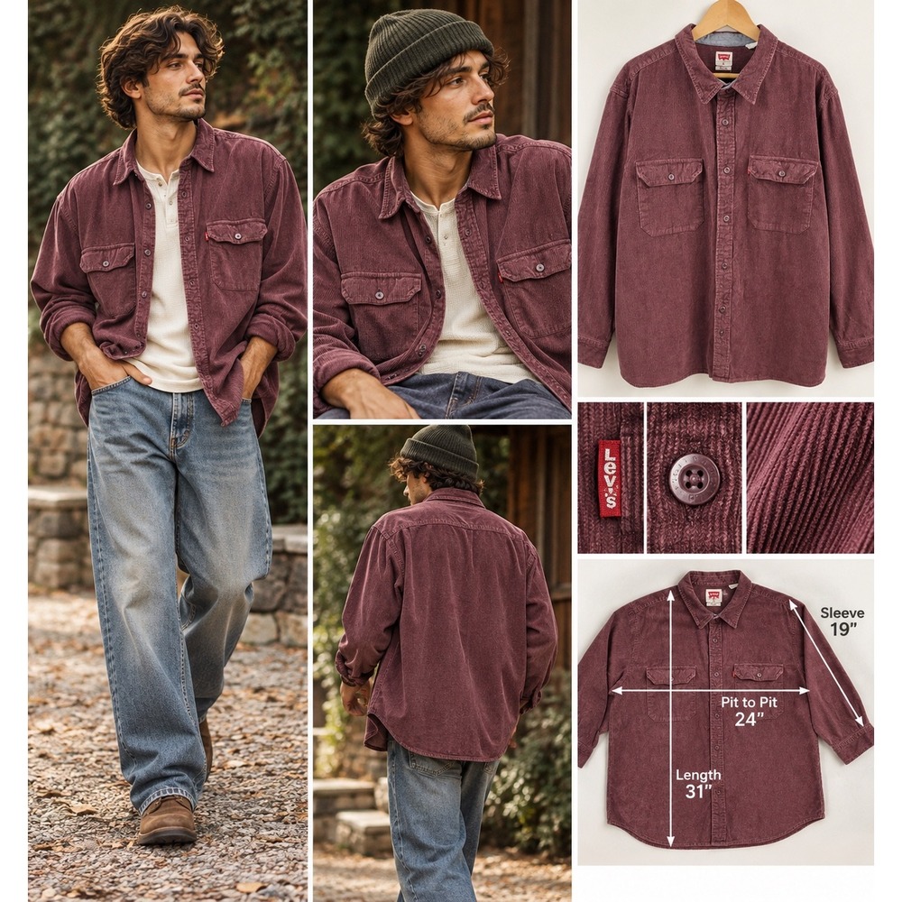 Levi's Corduroy Shirt Mens XL Burgundy Relaxed Oversized 90s Grunge Workwear